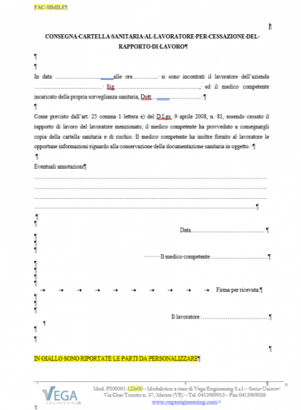 Modulo di Consegna Cartella Sanitaria al Lavoratore per Cessazione del Rapporto di Lavoro