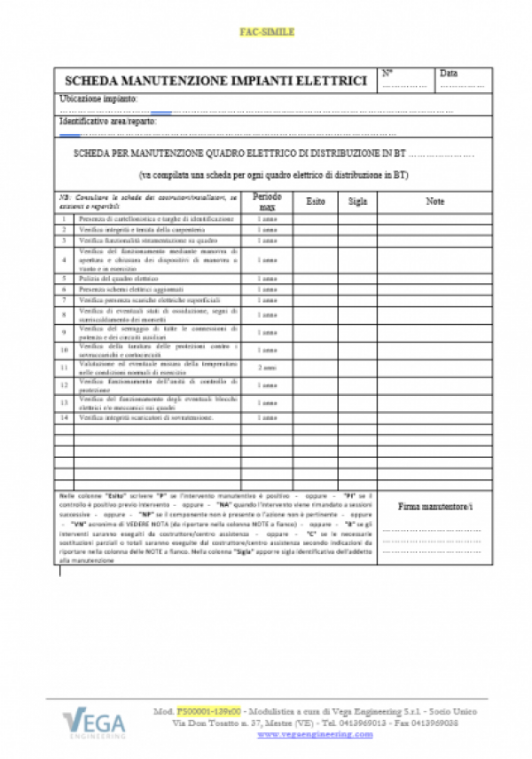 Scheda per la Manutenzione del Quadro Elettrico BT