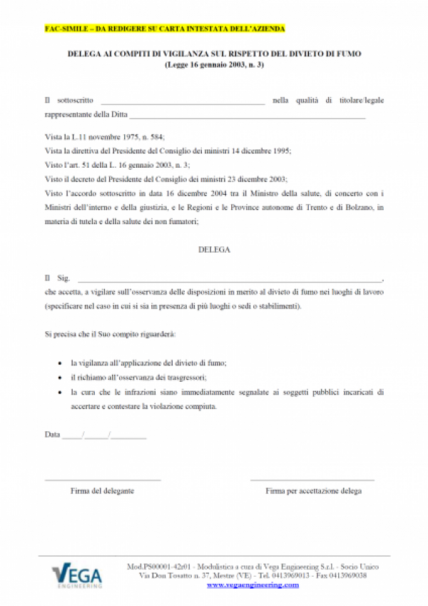 Delega della vigilanza all'applicazione del divieto di fumo