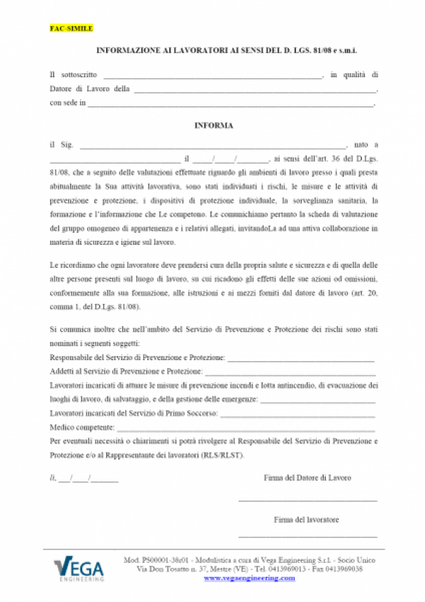 Registro Informazione ai Lavoratori ai Sensi del D. Lgs. 81/08