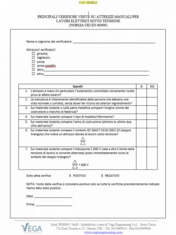 Modulo verifica Attrezzi lavori sotto tensione secondo Norma CEI EN 60900