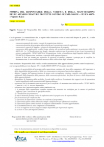 Nomina del Responsabile della verifica e della manutenzione delle apparecchiature ATEX protette contro le esplosioni – CEI EN 60079-17