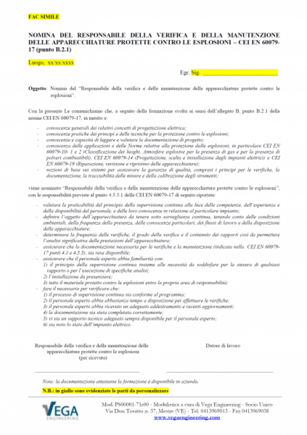 Nomina del Responsabile della verifica e della manutenzione delle apparecchiature ATEX protette contro le esplosioni – CEI EN 60079-17