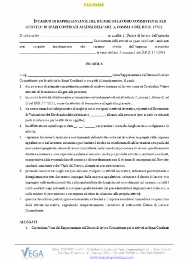 Modulo incarico del Rappresentante Committente per Attività in Spazi Confinati
