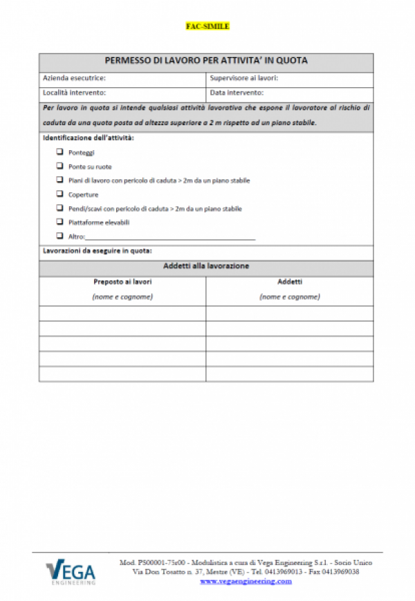 Modulo Permesso di Lavoro per Attività in Quota