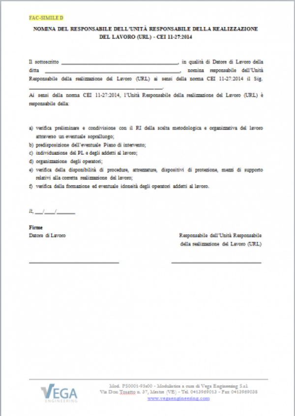Lettera di incarico dell'Unità Responsabile della realizzazione del Lavoro (URL) - CEI 11-27