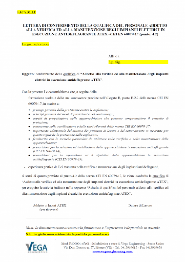 Conferimento della qualifica del personale addetto a verifica e manutenzione degli impianti elettrici in esecuzione antideflagrante ATEX