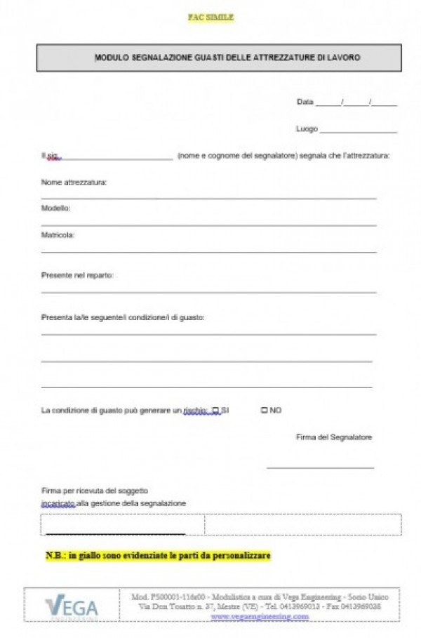 Modulo segnalazione guasti delle attrezzature di lavoro