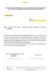 Lettera di conferimento della qualifica del personale addetto alle attività di imbracatura dei carichi e di segnalazione